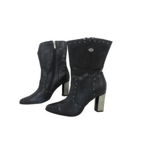 Harley Davidson Boots Womens Size 7.5 Black Leather Studded Zipper Chrome Heel